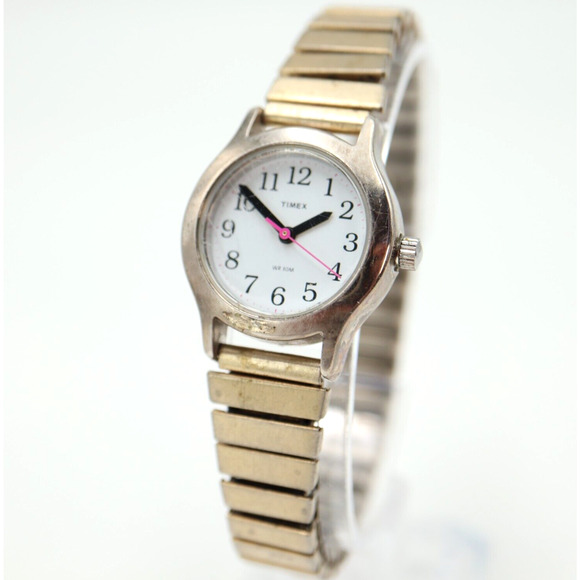 Timex Womens Watch Silver Tone 25mm White Dial Gold Stretch Band w New Battery - Picture 1 of 14